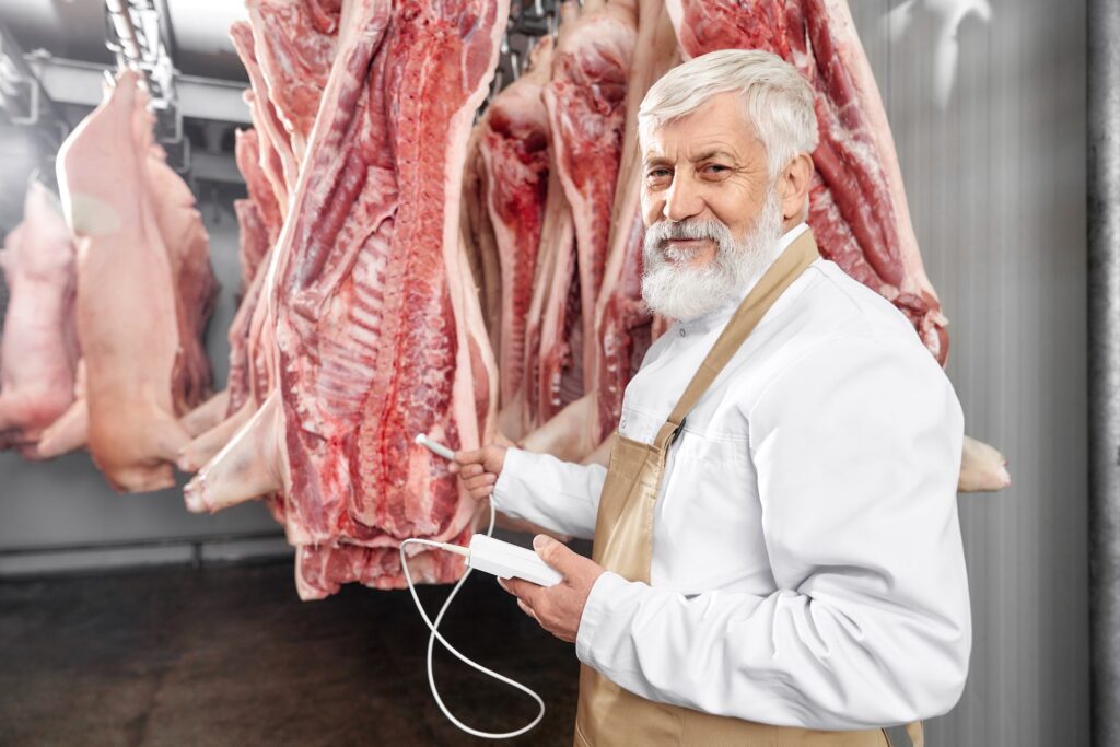 Elderly man in refrigerator testing fresh pork carcasses